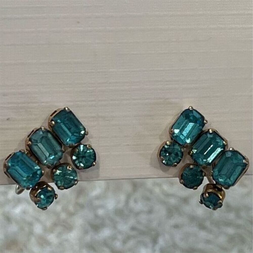 Vintage Teal Blue Rhinestone Screw Back Clip On Stud Dangle‎ Earrings